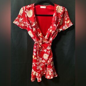Lush Red Floral Wrap Mini Dress